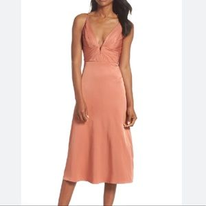 Sau Lee Plunge Neck Silk Midi Dress in Terracotta